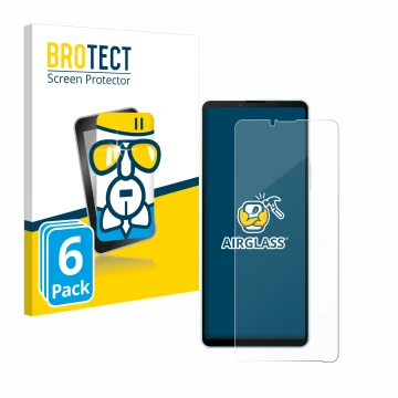 Vorderseite einer Produktverpackung mit dem Markenlogo BROTECT. Daneben ist das Gerät Sony Xperia 10 VI mit dem zugehörigen Di