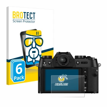 Vorderseite einer Produktverpackung mit dem Markenlogo BROTECT. Daneben ist das Gerät Fujifilm X-T50 mit dem zugehörigen Displ