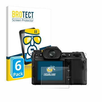 Vorderseite einer Produktverpackung mit dem Markenlogo BROTECT. Daneben ist das Gerät Fujifilm GFX100S II mit dem zugehörigen 