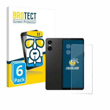 Vorderseite einer Produktverpackung mit dem Markenlogo BROTECT. Daneben ist das Gerät Sony Xperia 10 VI (Display+Kamera) mit d