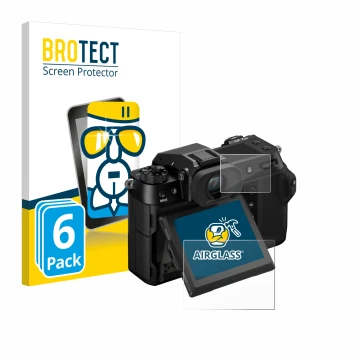 Vorderseite einer Produktverpackung mit dem Markenlogo BROTECT. Daneben ist das Gerät Fujifilm GFX100S II (Display + Schulterd