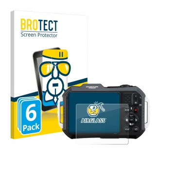 Vorderseite einer Produktverpackung mit dem Markenlogo BROTECT. Daneben ist das Gerät Ricoh Pentax WG-1000 mit dem zugehörigen