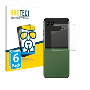Vorderseite einer Produktverpackung mit dem Markenlogo BROTECT. Daneben ist das Gerät Motorola Razr 50 (Hinteres Display) mit 