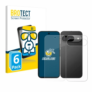 Vorderseite einer Produktverpackung mit dem Markenlogo BROTECT. Daneben ist das Gerät Google Pixel 9 (Display+Rückseite) mit d