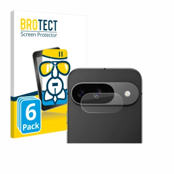 Vorderseite einer Produktverpackung mit dem Markenlogo BROTECT. Daneben ist das Gerät Google Pixel 9 (NUR Kameraschutz) mit de