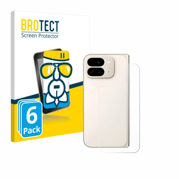Vorderseite einer Produktverpackung mit dem Markenlogo BROTECT. Daneben ist das Gerät Google Pixel 9 Pro Fold (Rückseite) mit 