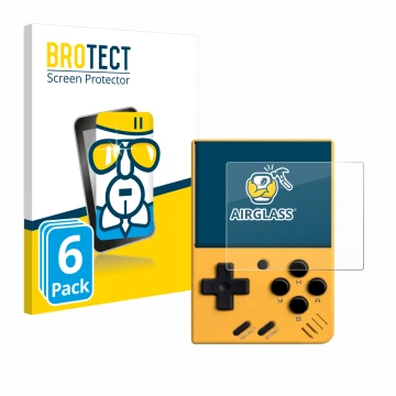 Vorderseite einer Produktverpackung mit dem Markenlogo BROTECT. Daneben ist das Gerät Miyoo Mini V4 mit dem zugehörigen Displa