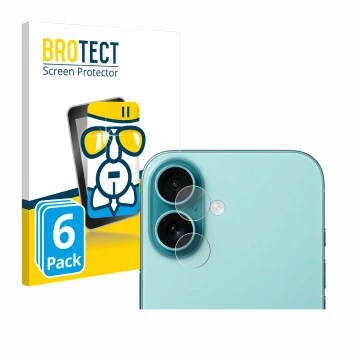 Vorderseite einer Produktverpackung mit dem Markenlogo BROTECT. Daneben ist das Gerät Apple iPhone 16 (NUR Kameraschutz) mit d