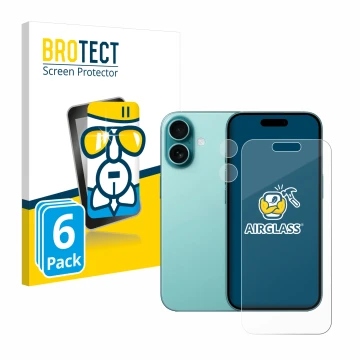 Vorderseite einer Produktverpackung mit dem Markenlogo BROTECT. Daneben ist das Gerät Apple iPhone 16 (Display+Kamera) mit dem