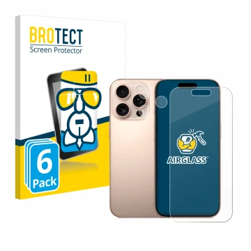 Vorderseite einer Produktverpackung mit dem Markenlogo BROTECT. Daneben ist das Gerät Apple iPhone 16 Pro (Display+Kamera) mit