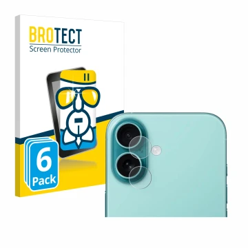 Vorderseite einer Produktverpackung mit dem Markenlogo BROTECT. Daneben ist das Gerät Apple iPhone 16 Plus (NUR Kameraschutz) 