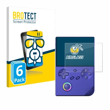Vorderseite einer Produktverpackung mit dem Markenlogo BROTECT. Daneben ist das Gerät Anbernic RG40XXV mit dem zugehörigen Dis