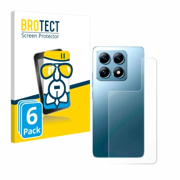 Vorderseite einer Produktverpackung mit dem Markenlogo BROTECT. Daneben ist das Gerät Xiaomi 14T Pro (Rückseite) mit dem zugeh