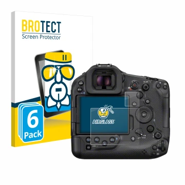 Vorderseite einer Produktverpackung mit dem Markenlogo BROTECT. Daneben ist das Gerät Canon EOS R1 mit dem zugehörigen Display