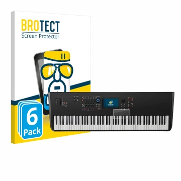 Vorderseite einer Produktverpackung mit dem Markenlogo BROTECT. Daneben ist das Gerät Yamaha MODX8+ mit dem zugehörigen Displa