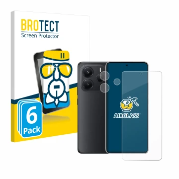 Vorderseite einer Produktverpackung mit dem Markenlogo BROTECT. Daneben ist das Gerät Xiaomi Redmi Note 14 (Display+Kamera) mi