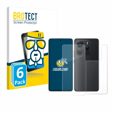 Vorderseite einer Produktverpackung mit dem Markenlogo BROTECT. Daneben ist das Gerät Xiaomi Redmi Note 14 (Display+Rückseite)