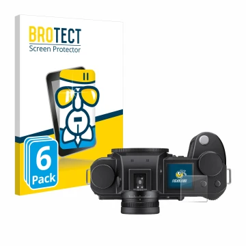 Vorderseite einer Produktverpackung mit dem Markenlogo BROTECT. Daneben ist das Gerät Leica SL3-S (Schulterdisplay) mit dem zu