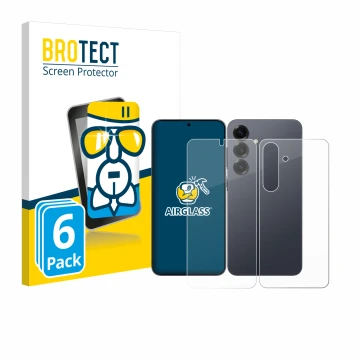 Vorderseite einer Produktverpackung mit dem Markenlogo BROTECT. Daneben ist das Gerät Samsung Galaxy S25 (Display+Rückseite) m
