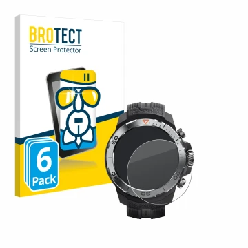 Vorderseite einer Produktverpackung mit dem Markenlogo BROTECT. Daneben ist das Gerät Xiaomi Mibro GS Explorer mit dem zugehör