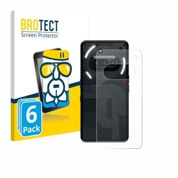 Vorderseite einer Produktverpackung mit dem Markenlogo BROTECT. Daneben ist das Gerät Nothing Phone (3a) (Rückseite) mit dem z