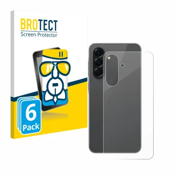 Vorderseite einer Produktverpackung mit dem Markenlogo BROTECT. Daneben ist das Gerät Samsung Galaxy A56 5G (Rückseite) mit de
