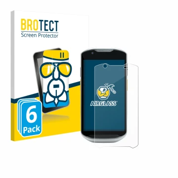 Vorderseite einer Produktverpackung mit dem Markenlogo BROTECT. Daneben ist das Gerät Zebra TC52x-HC mit dem zugehörigen Displ