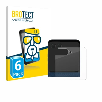 Vorderseite einer Produktverpackung mit dem Markenlogo BROTECT. Daneben ist das Gerät Motorola Razr 60 (Hinteres Display) mit 