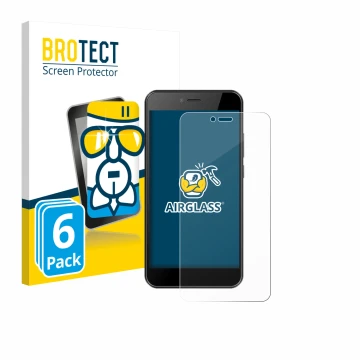 Vorderseite einer Produktverpackung mit dem Markenlogo BROTECT. Daneben ist das Gerät HTC Wildfire E5 Life mit dem zugehörigen