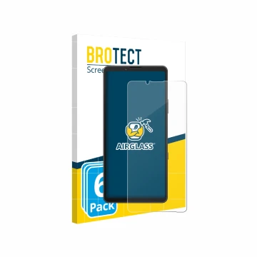 Vorderseite einer Produktverpackung mit dem Markenlogo BROTECT. Daneben ist das Gerät Sony Xperia 10 VII (case-friendly) mit d