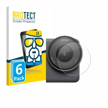 Vorderseite einer Produktverpackung mit dem Markenlogo BROTECT. Daneben ist das Gerät DJI Osmo Action 6 (Linse) mit dem zugehö