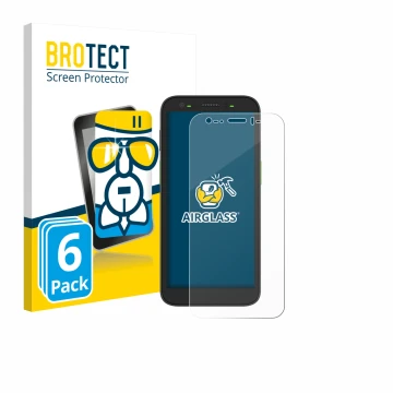 Vorderseite einer Produktverpackung mit dem Markenlogo BROTECT. Daneben ist das Gerät Zebra TC501 mit dem zugehörigen Displays