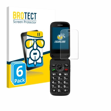 Vorderseite einer Produktverpackung mit dem Markenlogo BROTECT. Daneben ist das Gerät Simvalley Mobile XL-970 mit dem zugehöri