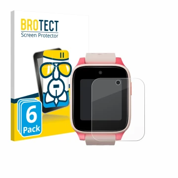 Vorderseite einer Produktverpackung mit dem Markenlogo BROTECT. Daneben ist das Gerät TCL Movetime Kids Watch MT46 mit dem zug