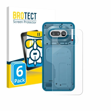 Vorderseite einer Produktverpackung mit dem Markenlogo BROTECT. Daneben ist das Gerät Nothing Phone (4a) (Rückseite) mit dem z