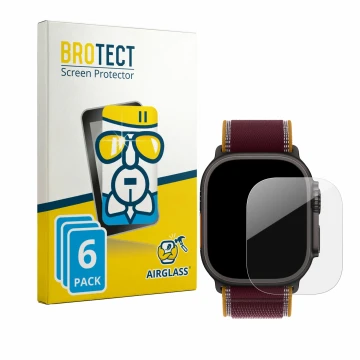 Vorderseite einer Produktverpackung mit dem Markenlogo BROTECT. Daneben ist das Gerät Apple Watch Ultra 4 (49 mm) mit dem zuge