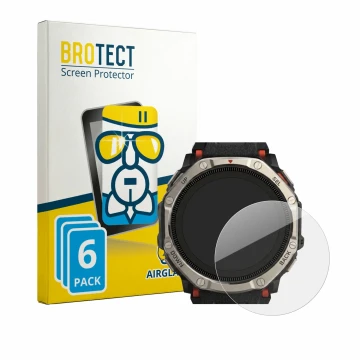 Vorderseite einer Produktverpackung mit dem Markenlogo BROTECT. Daneben ist das Gerät Huami Amazfit T-Rex Dual Solar mit dem z