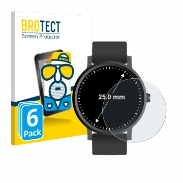 Vorderseite einer Produktverpackung mit dem Markenlogo BROTECT. Daneben ist das Gerät Armbanduhren (Kreisrund, ø: 25 mm) mit d