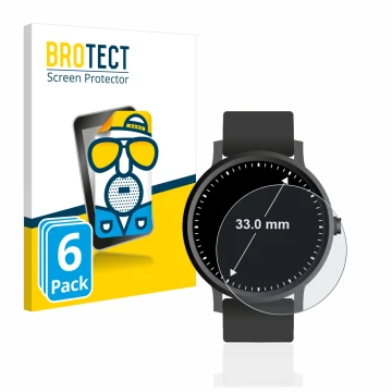 Vorderseite einer Produktverpackung mit dem Markenlogo BROTECT. Daneben ist das Gerät Armbanduhren (Kreisrund, ø: 33 mm) mit d