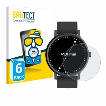 Vorderseite einer Produktverpackung mit dem Markenlogo BROTECT. Daneben ist das Gerät Armbanduhren (Kreisrund, ø: 41 mm) mit d