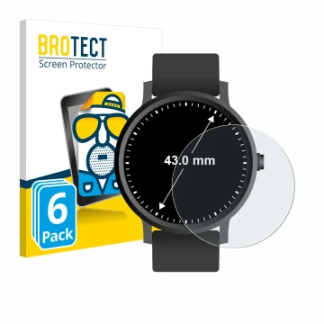 Vorderseite einer Produktverpackung mit dem Markenlogo BROTECT. Daneben ist das Gerät Armbanduhren (Kreisrund, ø: 43 mm) mit d