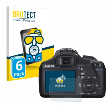 Vorderseite einer Produktverpackung mit dem Markenlogo BROTECT. Daneben ist das Gerät Canon EOS 1100D mit dem zugehörigen Disp