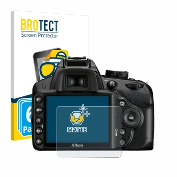 Vorderseite einer Produktverpackung mit dem Markenlogo BROTECT. Daneben ist das Gerät Nikon D3200 mit dem zugehörigen Displays