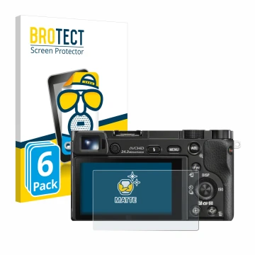 Vorderseite einer Produktverpackung mit dem Markenlogo BROTECT. Daneben ist das Gerät Sony Alpha 6000 mit dem zugehörigen Disp