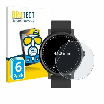 Vorderseite einer Produktverpackung mit dem Markenlogo BROTECT. Daneben ist das Gerät Armbanduhren (Kreisrund, ø: 44 mm) mit d