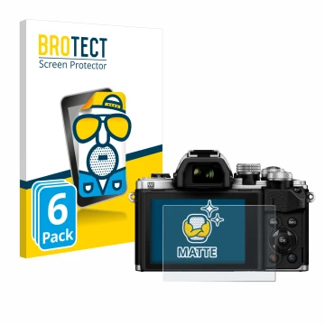 Vorderseite einer Produktverpackung mit dem Markenlogo BROTECT. Daneben ist das Gerät Olympus OM-D E-M10 Mark II mit dem zugeh