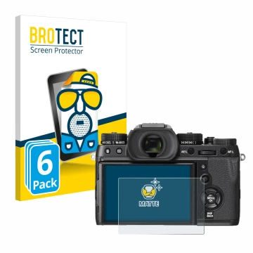 Vorderseite einer Produktverpackung mit dem Markenlogo BROTECT. Daneben ist das Gerät Fujifilm X-T2 mit dem zugehörigen Displa