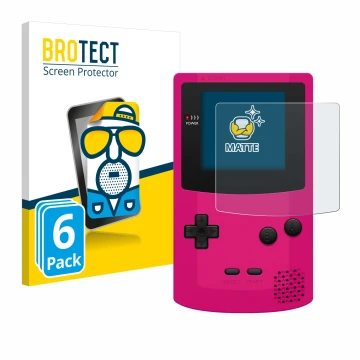 Vorderseite einer Produktverpackung mit dem Markenlogo BROTECT. Daneben ist das Gerät Nintendo Gameboy Color mit dem zugehörig