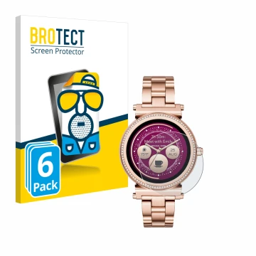 Vorderseite einer Produktverpackung mit dem Markenlogo BROTECT. Daneben ist das Gerät Michael Kors Access Sofie mit dem zugehö