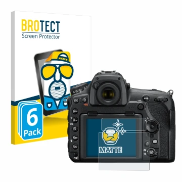 Vorderseite einer Produktverpackung mit dem Markenlogo BROTECT. Daneben ist das Gerät Nikon D850 mit dem zugehörigen Displaysc